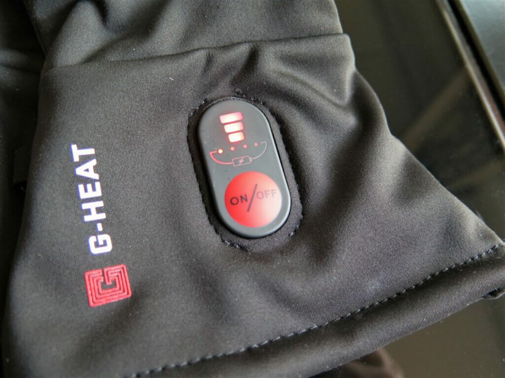 Gants-chauffants-G-Heat: bouton de contrôle de chaleur et contrôle du niveau de batterie